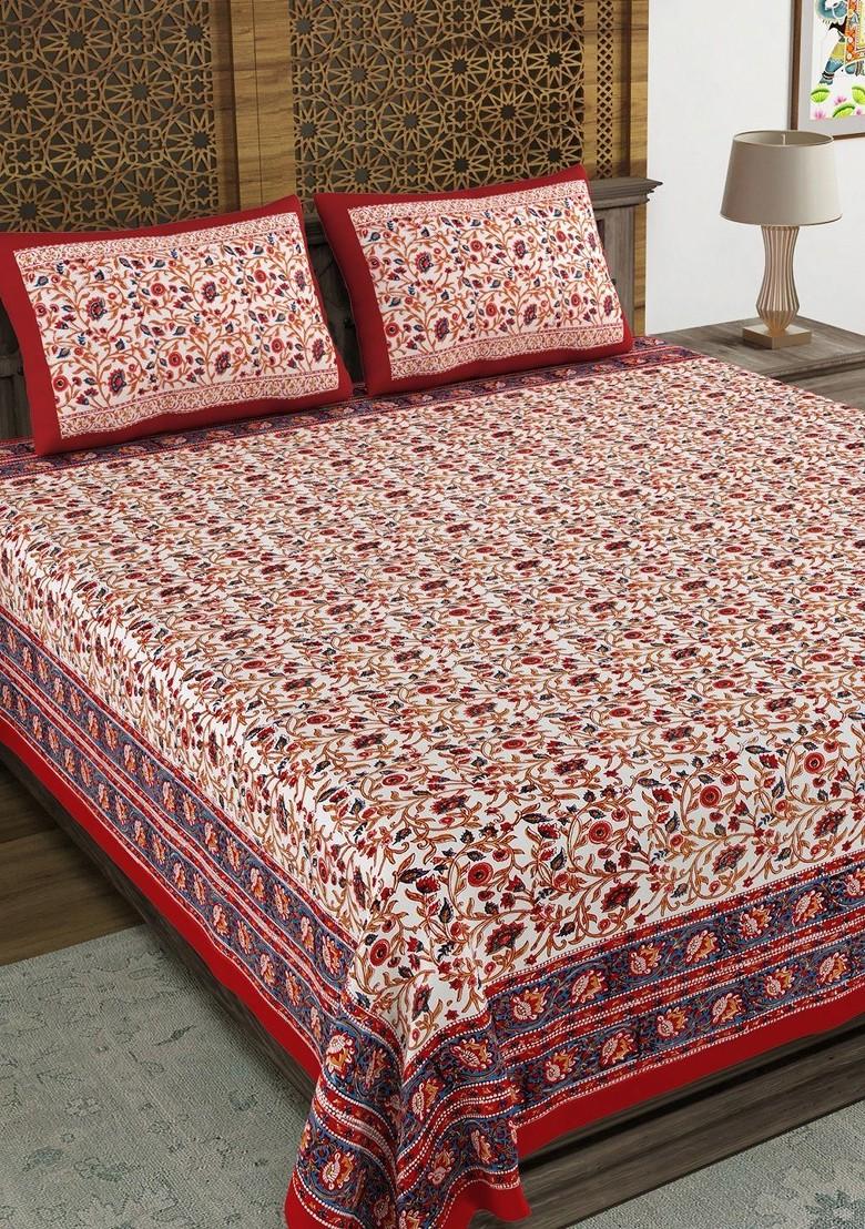 White And Red Ethnic Motifs Cotton 210 Tc King Bedsheet With 2 Pillow Covers