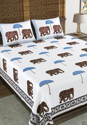 White And Blue Ethnic Motifs 210 Tc King Bedsheet With 2 Pillow Covers