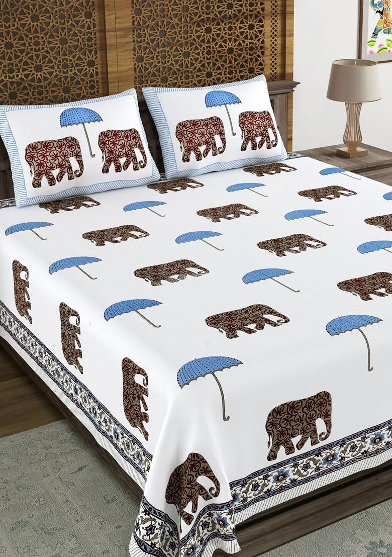 White And Blue Ethnic Motifs 210 Tc King Bedsheet With 2 Pillow Covers