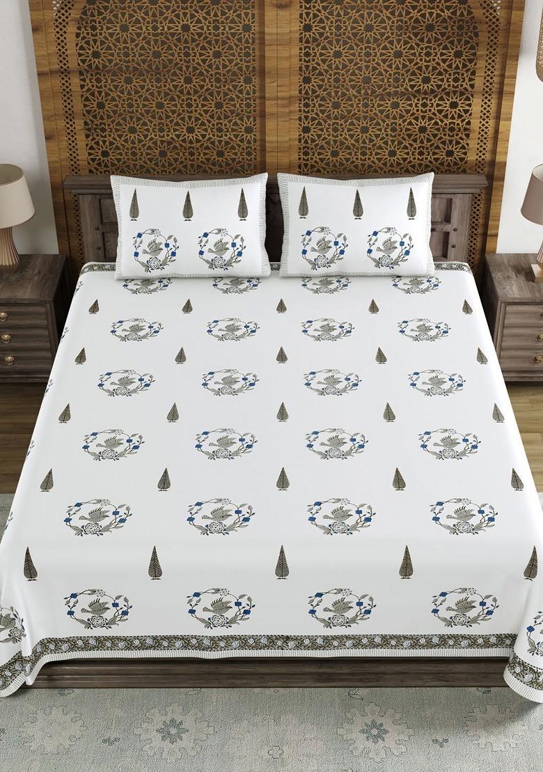 Blue And White Ethnic Motifs 210 Tc King Bedsheet With 2 Pillow Covers