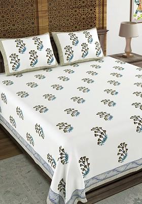 Brown And White Ethnic Motifs 210 Tc King Bedsheet With 2 Pillow Covers