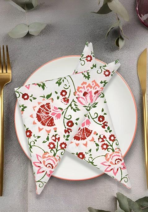 White And Pink 6 Pieces Printed Pure Cotton Table Napkins