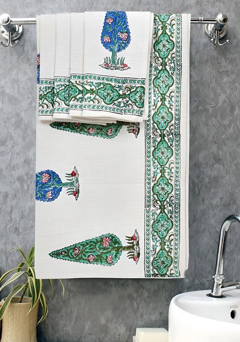 Blue And Green 5 Piece Printed Cotton 210 Gsm Towel Set