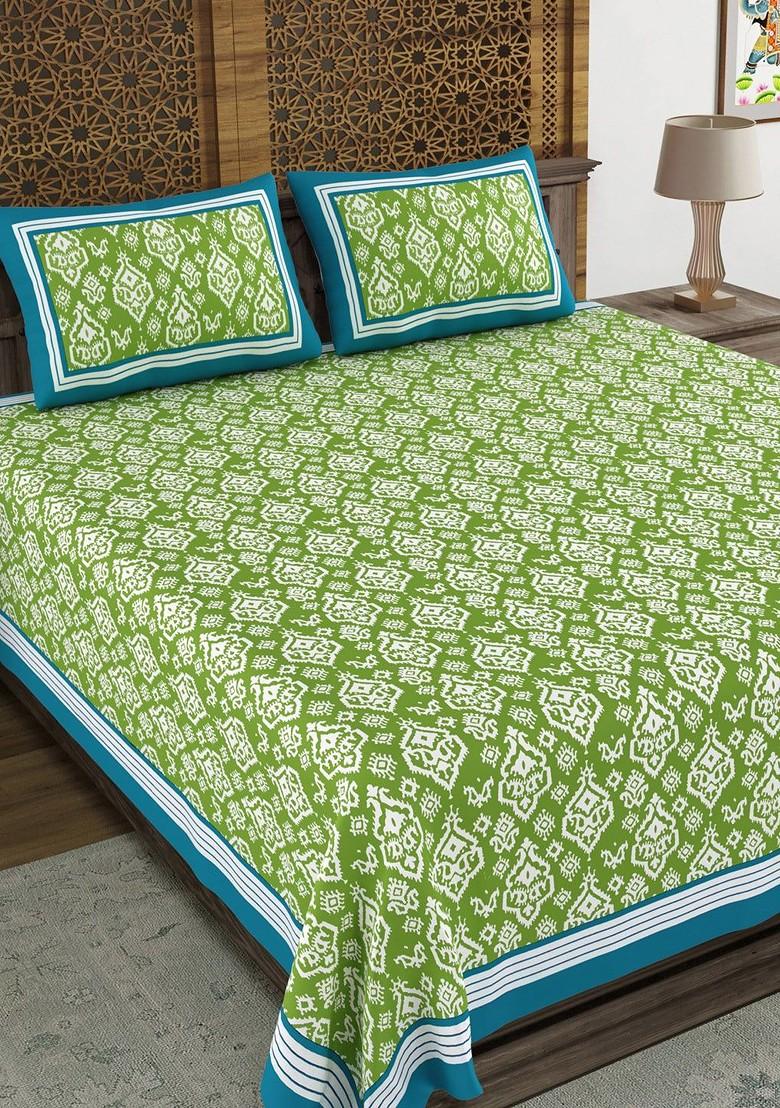 Green Ethnic Motifs Cotton 210 Tc Super King Bedsheet And 2 Pillow Covers