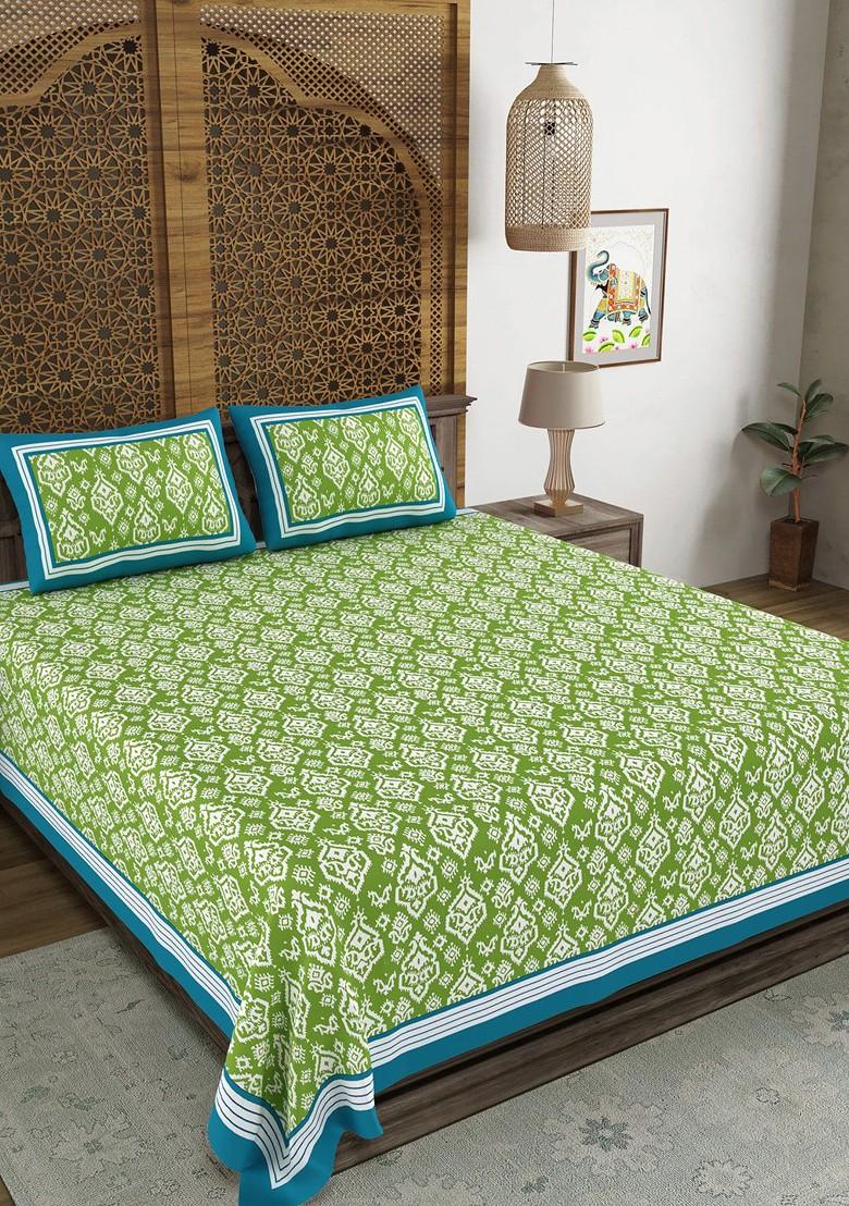 Green Ethnic Motifs Cotton 210 Tc Super King Bedsheet And 2 Pillow Covers