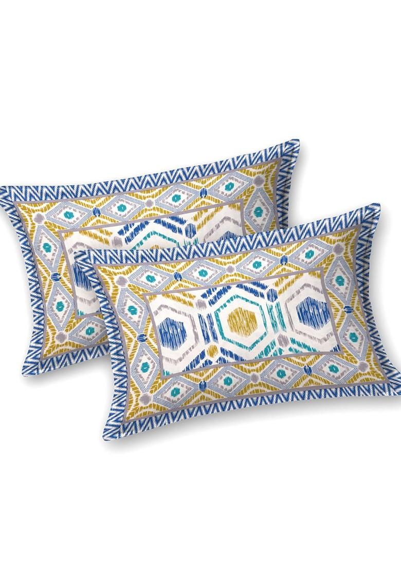 Blue And Pink Geometric Cotton 210 Tc King Bedsheet And 2 Pillow Covers