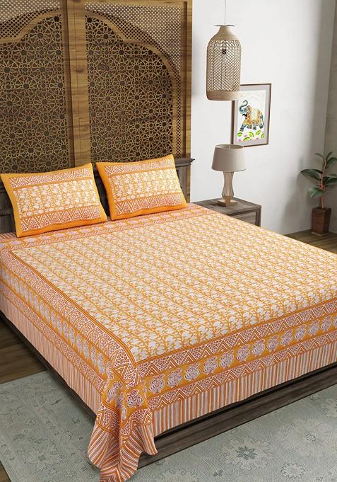 Yellow And White Printed 210 Tc King Bedsheet And 2 Pillow Covers