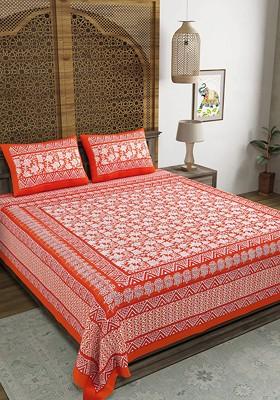 Red And White Ethnic Motifs Printed 210 Tc King Bedsheet And 2 Pillow Covers