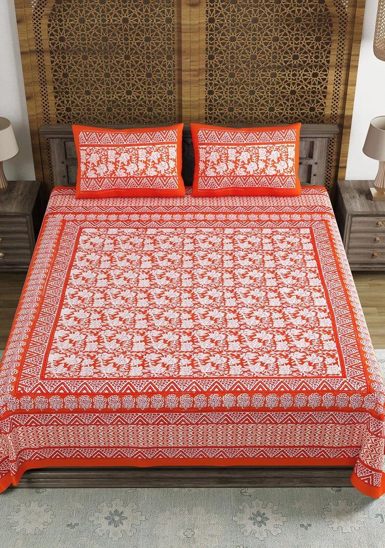 Red And White Ethnic Motifs Printed 210 Tc King Bedsheet And 2 Pillow Covers