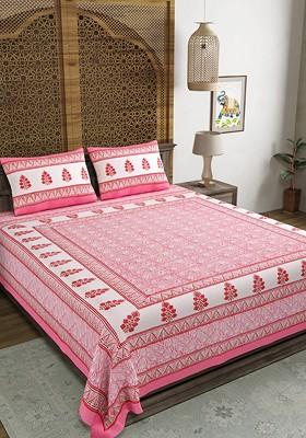 White And Pink Ethnic Motifs Printed 210 Tc King Bedsheet And 2 Pillow Covers