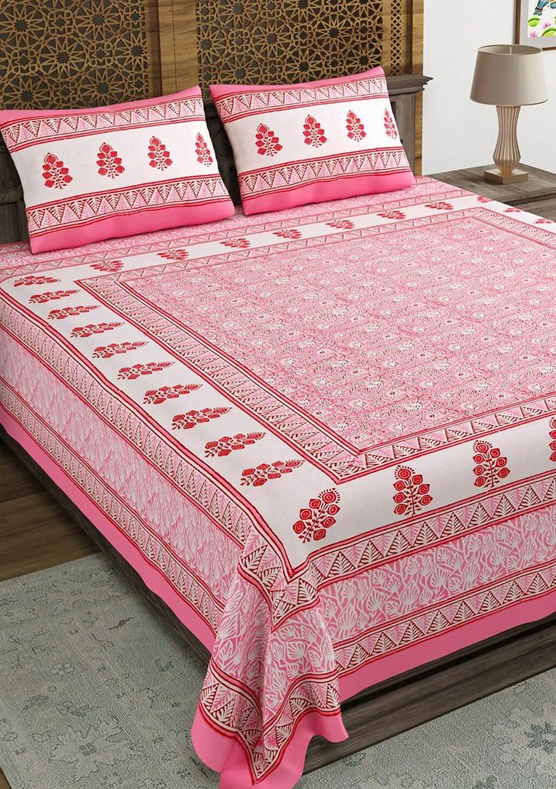 White And Pink Ethnic Motifs Printed 210 Tc King Bedsheet And 2 Pillow Covers