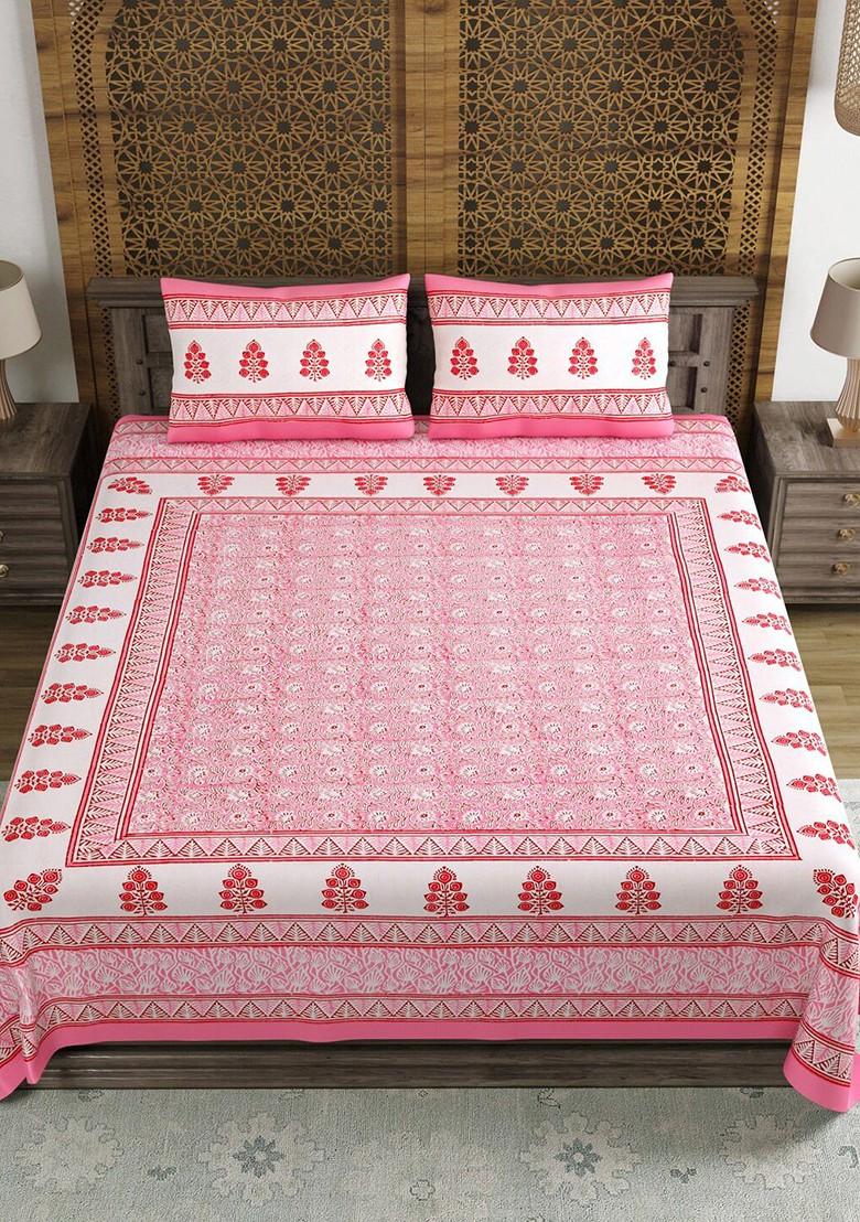 White And Pink Ethnic Motifs Printed 210 Tc King Bedsheet And 2 Pillow Covers