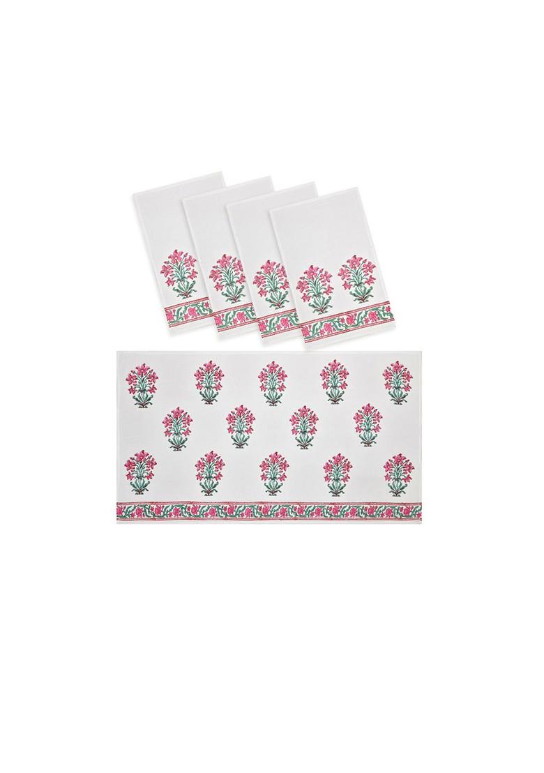 5 Pcs White And Pink Floral Printed 210 Gsm Pure Cotton Towel Set