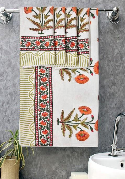 5 Pcs White And Orange Printed 210 Gsm Cotton Towels