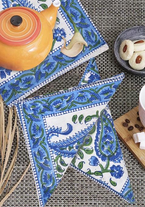 White And Blue Set Of 6 Paisley Printed Pure Cotton Table Napkins