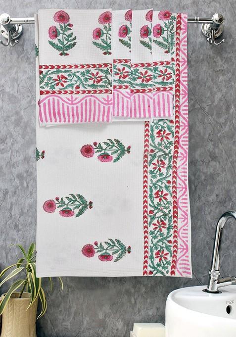 Set Of 5 Floral Printed 210 Gsm Cotton Towel Set