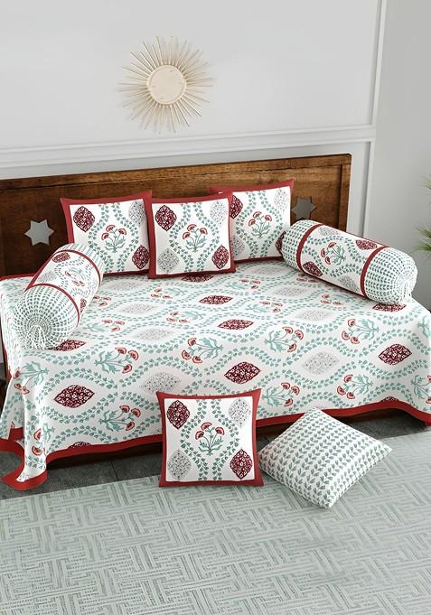 White And Green 8 Pieces Ethnic Motifs Printed Pure Cotton Diwan Set
