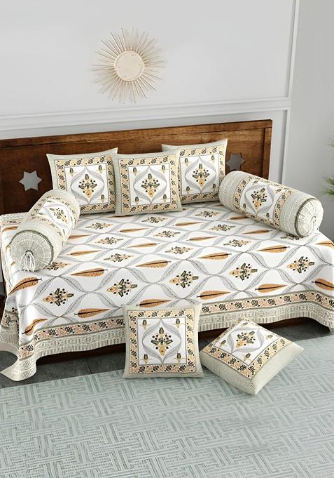 White And Yellow 8 Pieces Ethinic Motifs Printed Cotton Diwan Set