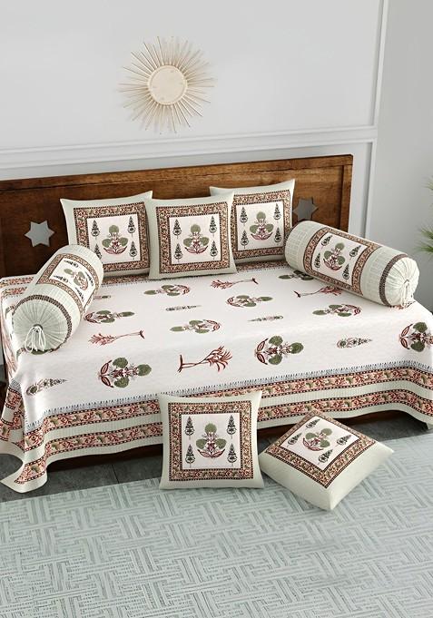White And Brown 8 Pieces Ethinic Motifs Printed Cotton Diwan Set