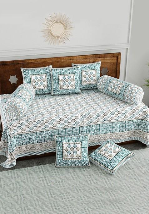 White And Green 8 Pieces Printed Cotton Diwan Set