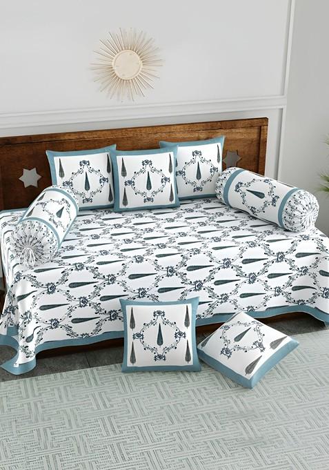 8Pcs Grey And White Printed Pure Cotton Diwan Set