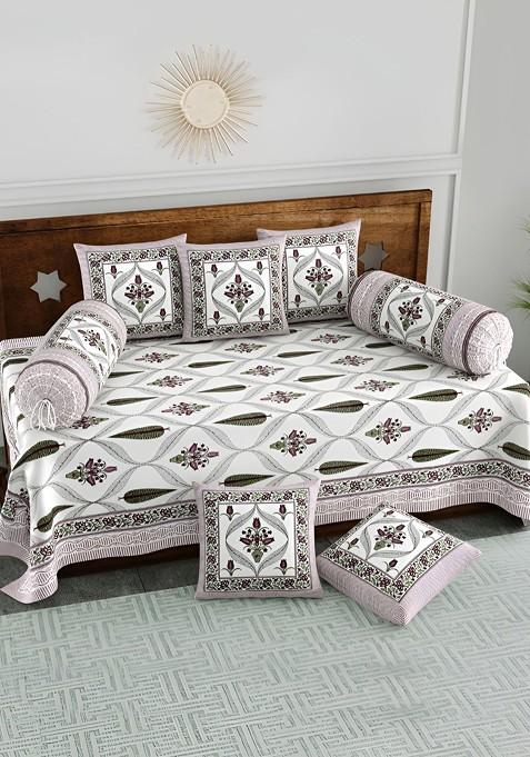 White And Pink 8 Pieces Ethinic Motifs Printed Cotton Diwan Set