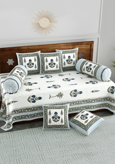 White And Blue 8 Pieces Ethinic Motifs Printed Cotton Diwan Set