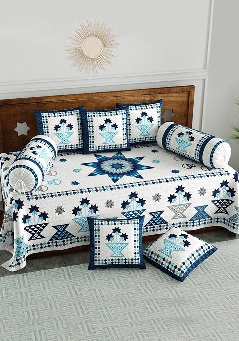 Set Of 8 White And Blue Printed Cotton Diwan Set