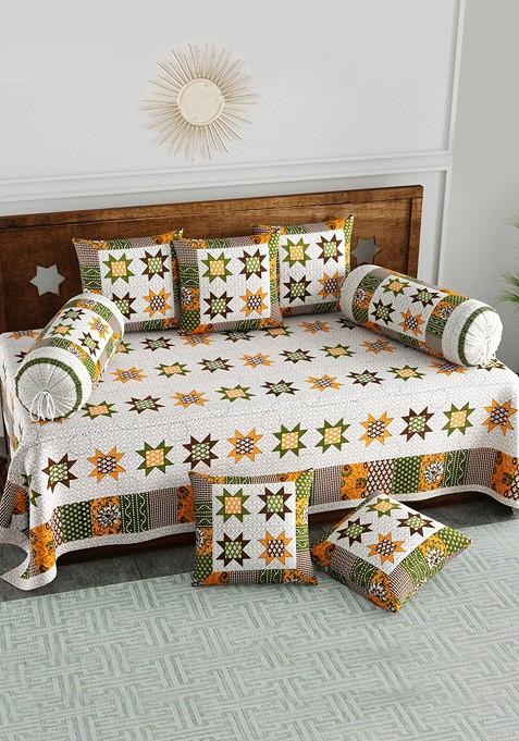 Set Of 8 Green And White Printed Cotton Diwan Set