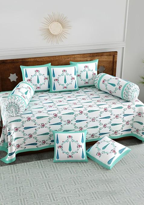 8Pcs Turquoise Blue And White Printed Pure Cotton Diwanset