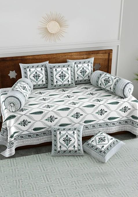 White And Green 8 Pieces Ethinic Motifs Printed Cotton Diwan Set