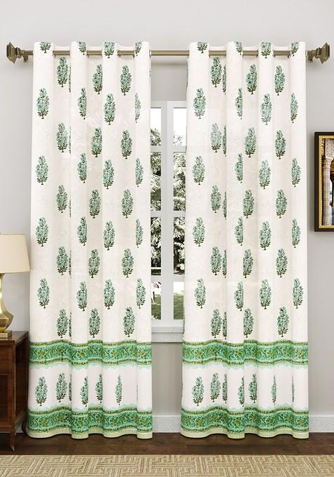 Green And Turquoise Blue 2 Pieces Ethnic Motifs Cotton Door Curtains