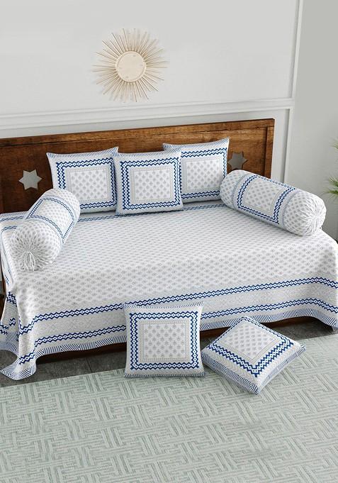 White And Blue 8 Pieces Printed Cotton Diwan Set