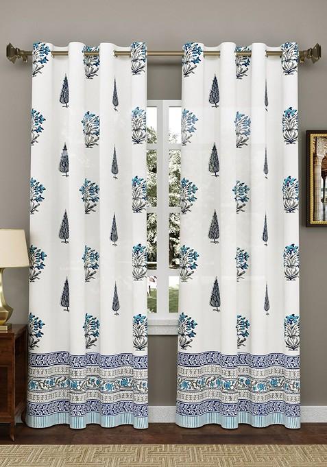 White And Blue Set Of 2 Floral Door Curtain