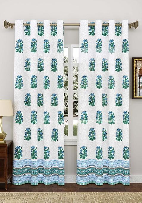 White And Blue Set Of 2 Floral Print Pure Cotton Door Curtains