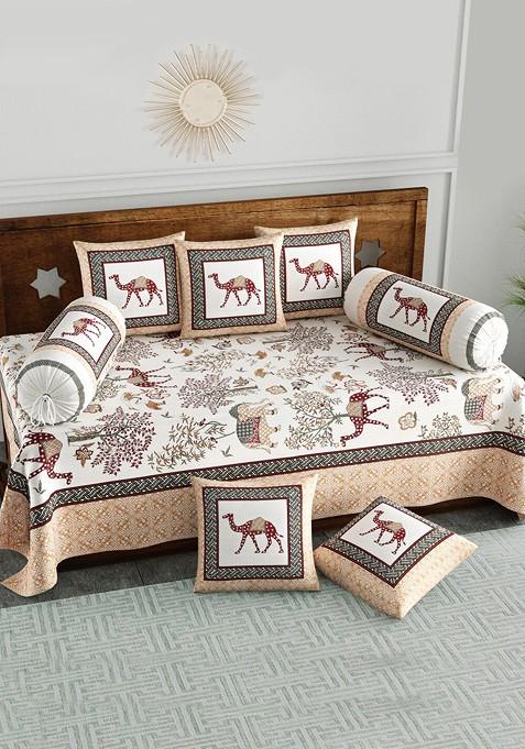 Set Of 8 Coffee Brown And White Printed Cotton Diwan Set