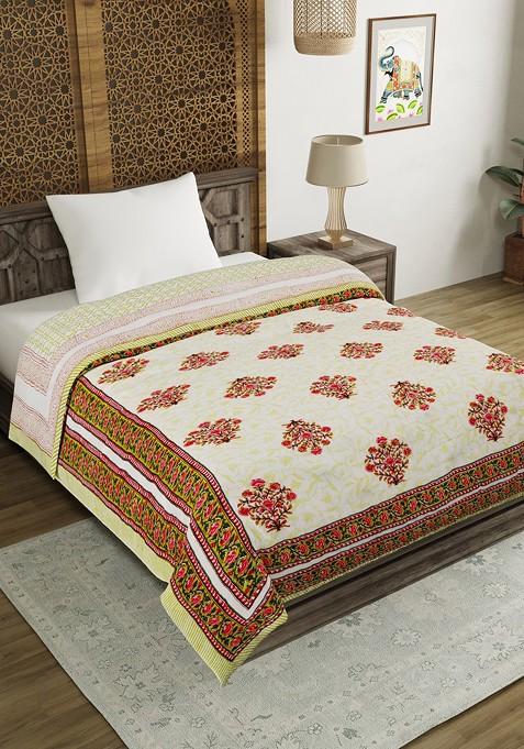 Green And Off White Ethnic Motifs Mild Winter 350 Gsm Single Bed Quilt