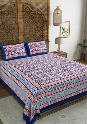 Blue And Red Ethnic Motifs Printed 210 Tc King Bedsheet And 2 Pillow Covers