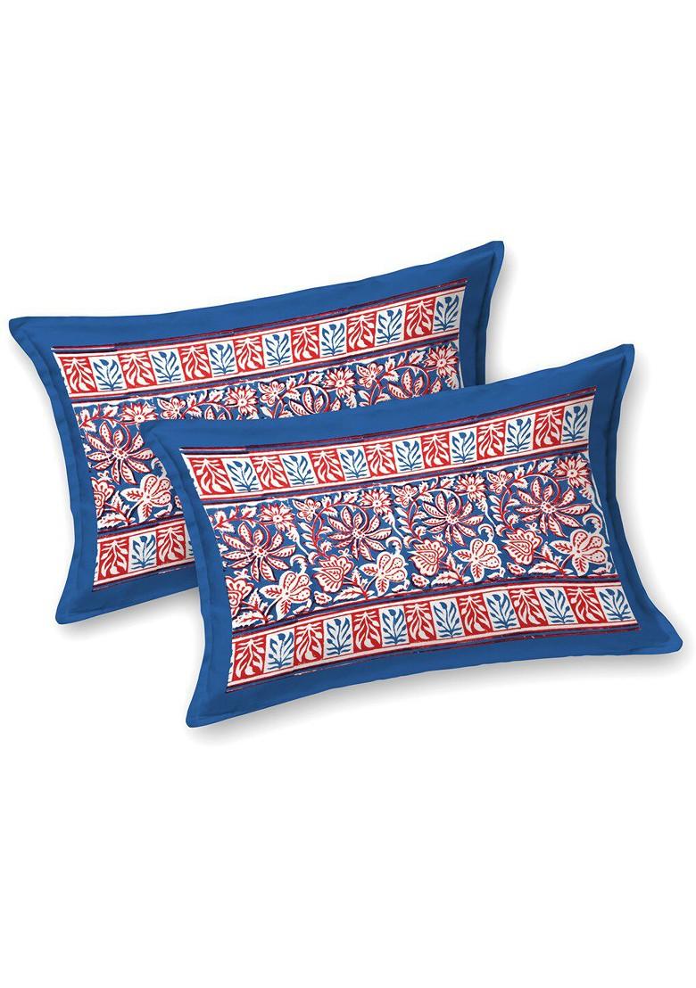 Blue And Red Ethnic Motifs Printed 210 Tc King Bedsheet And 2 Pillow Covers
