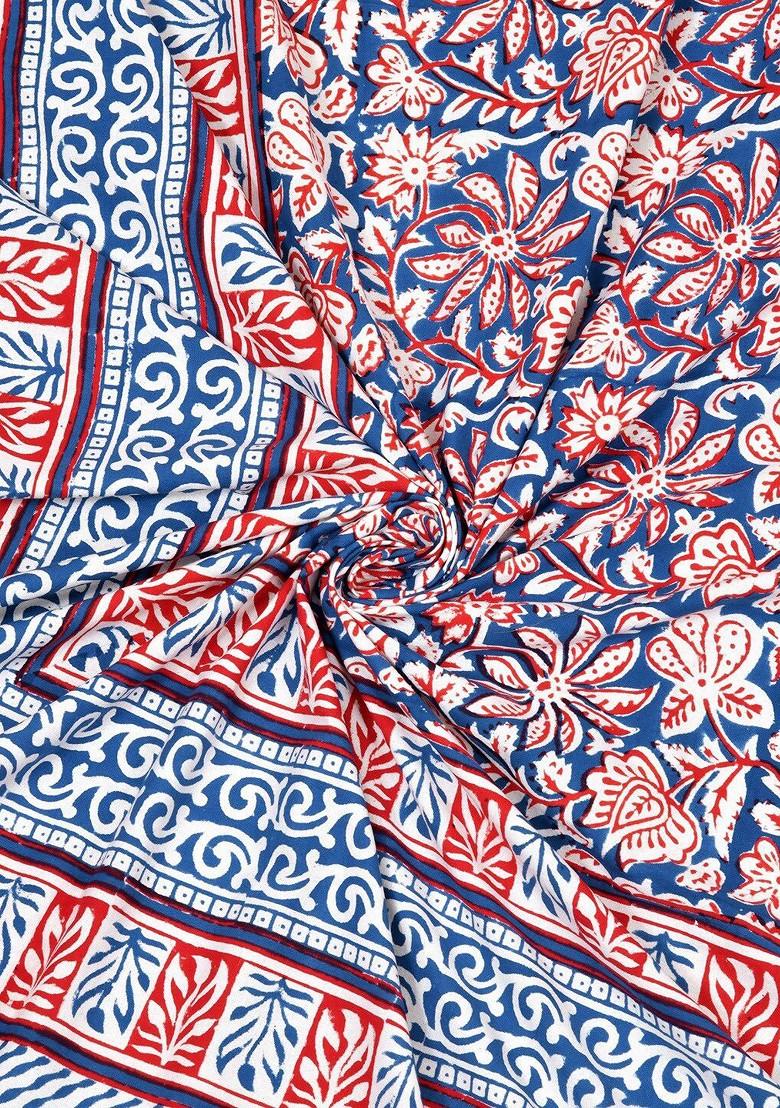 Blue And Red Ethnic Motifs Printed 210 Tc King Bedsheet And 2 Pillow Covers