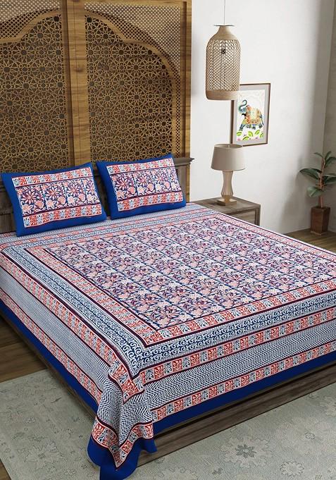 Blue And Red Ethnic Motifs Printed 210 Tc King Bedsheet And 2 Pillow Covers