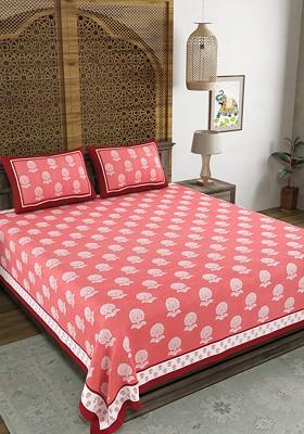 Red Ethnic Motifs Printed Cotton 210 Tc King Bedsheet With 2 Pillow Covers