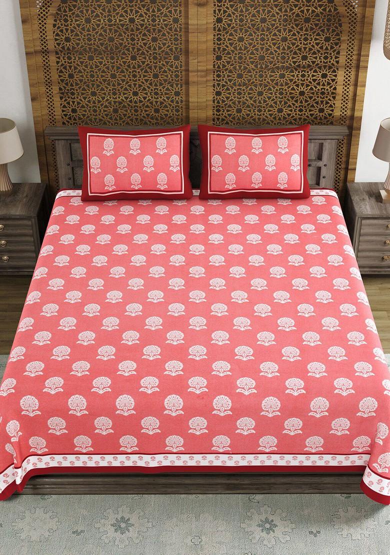 Red Ethnic Motifs Printed Cotton 210 Tc King Bedsheet With 2 Pillow Covers