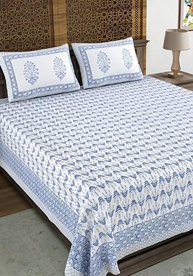 Blue And White Floral Cotton 180 Tc King Bedsheet With 2 Pillow Covers