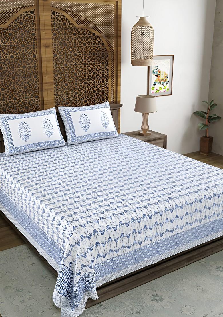 Blue And White Floral Cotton 180 Tc King Bedsheet With 2 Pillow Covers