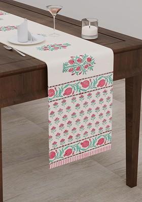 Cream Coloured And Pink Floral Printed Pure Cotton Table Runner