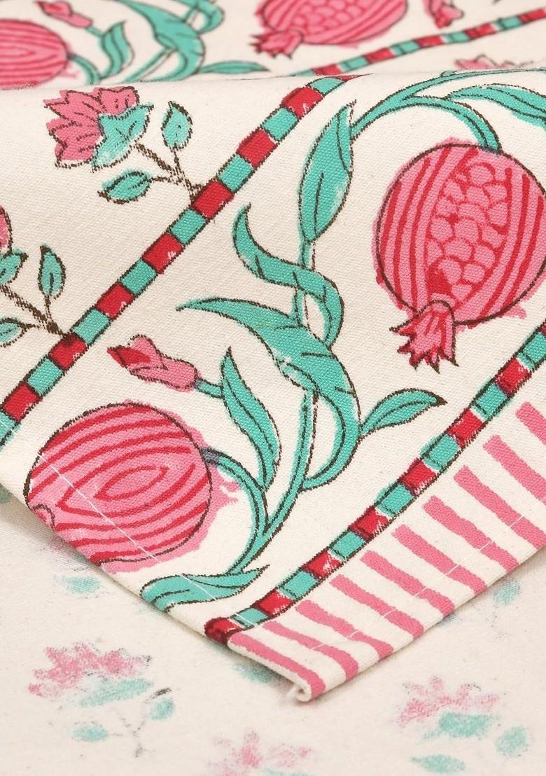 Cream Coloured And Pink Floral Printed Pure Cotton Table Runner