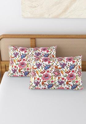 White And Pink 2 Pieces Printed Pure Cotton Rectangle Pillow Covers