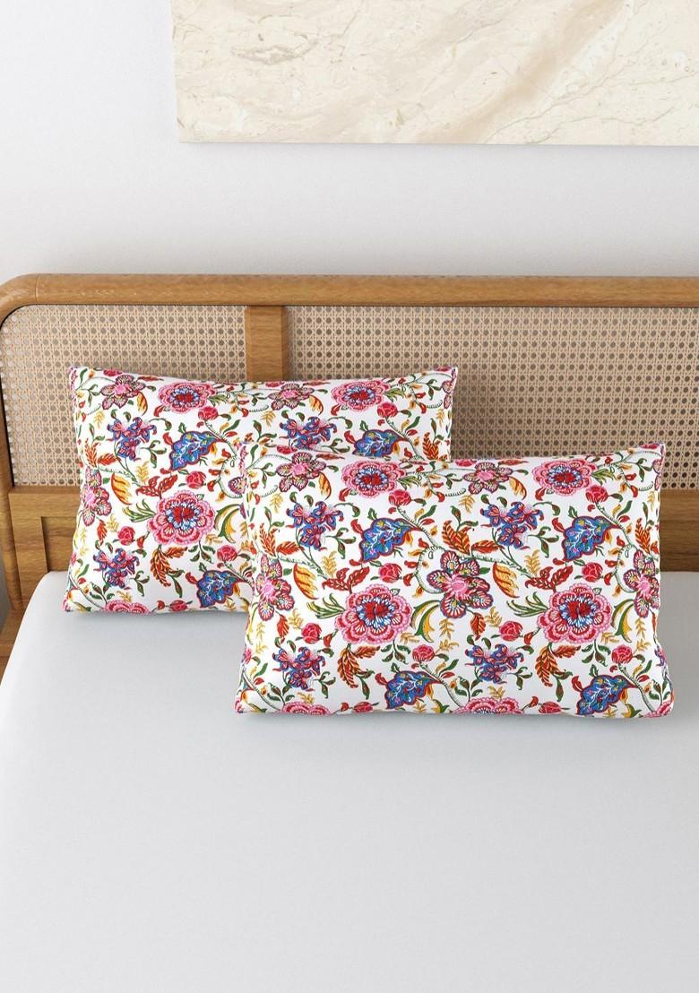White And Pink 2 Pieces Printed Pure Cotton Rectangle Pillow Covers