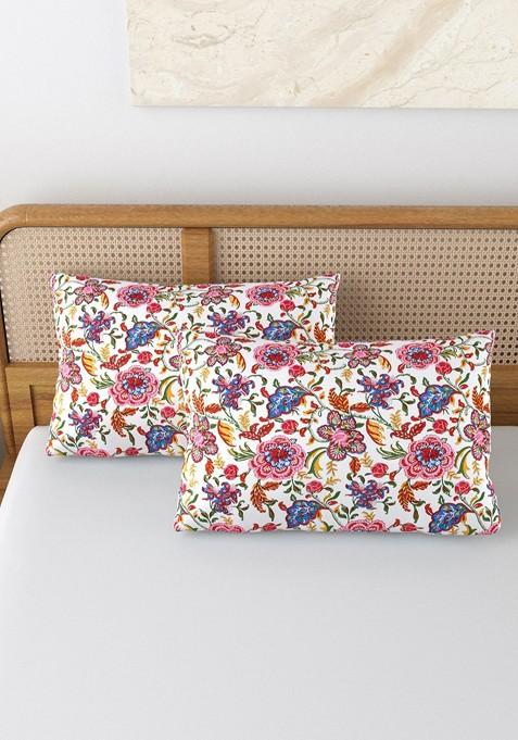 White And Pink 2 Pieces Printed Pure Cotton Rectangle Pillow Covers